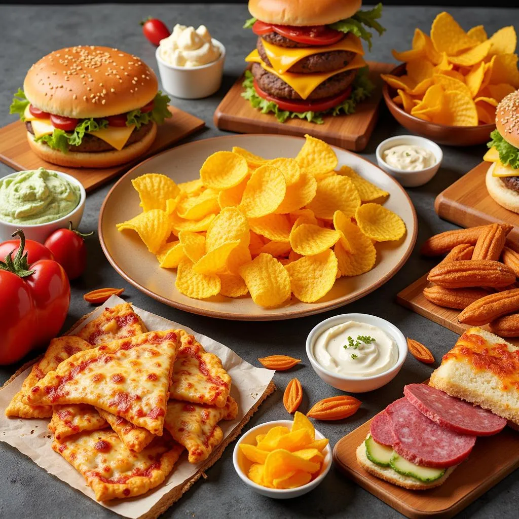 A table piled high with a variety of delicious munchie foods