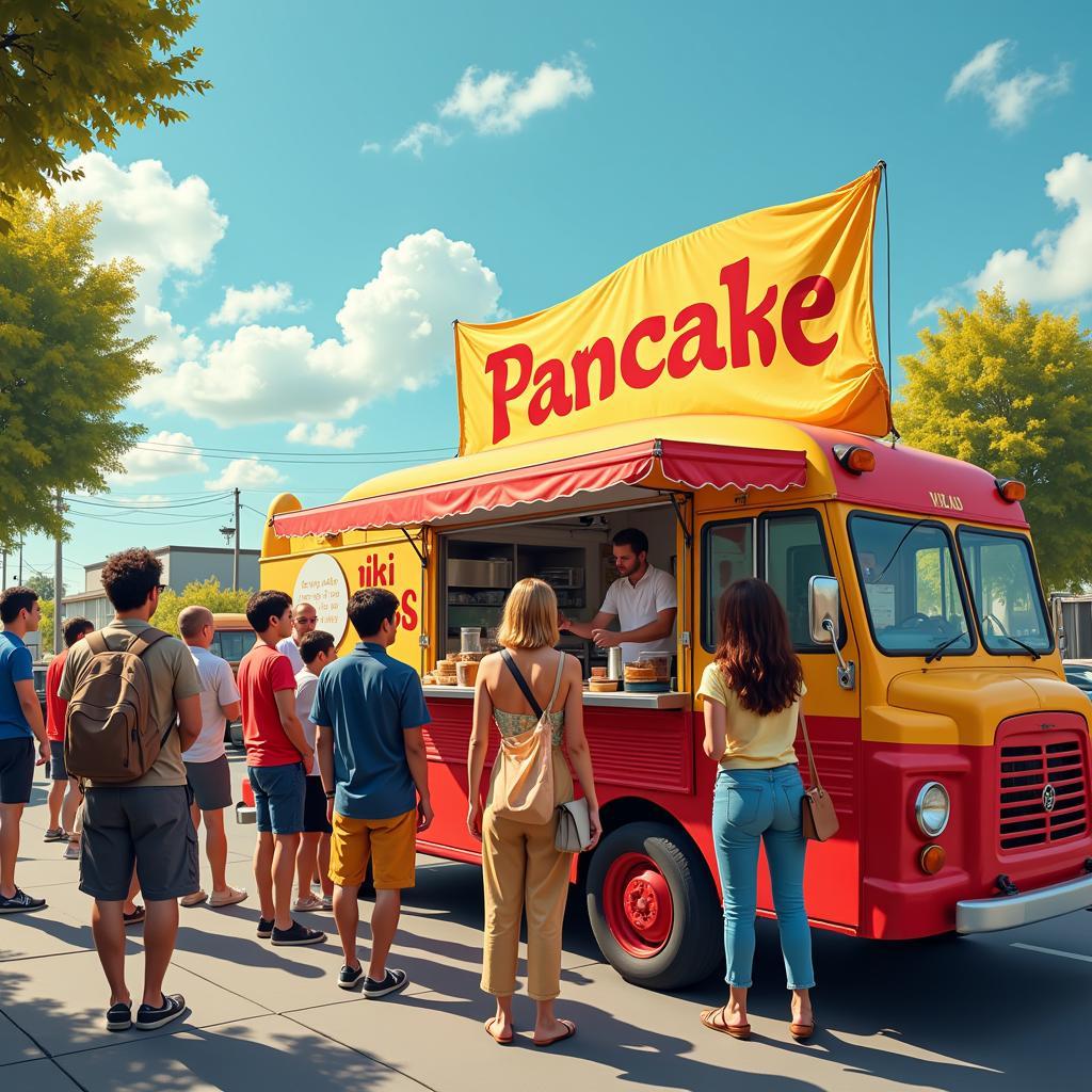 People lining up at a pancake food truck