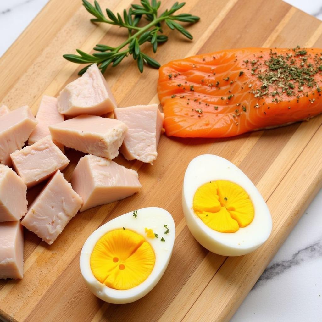 A selection of healthy protein sources for dogs, including chicken, fish, and eggs.