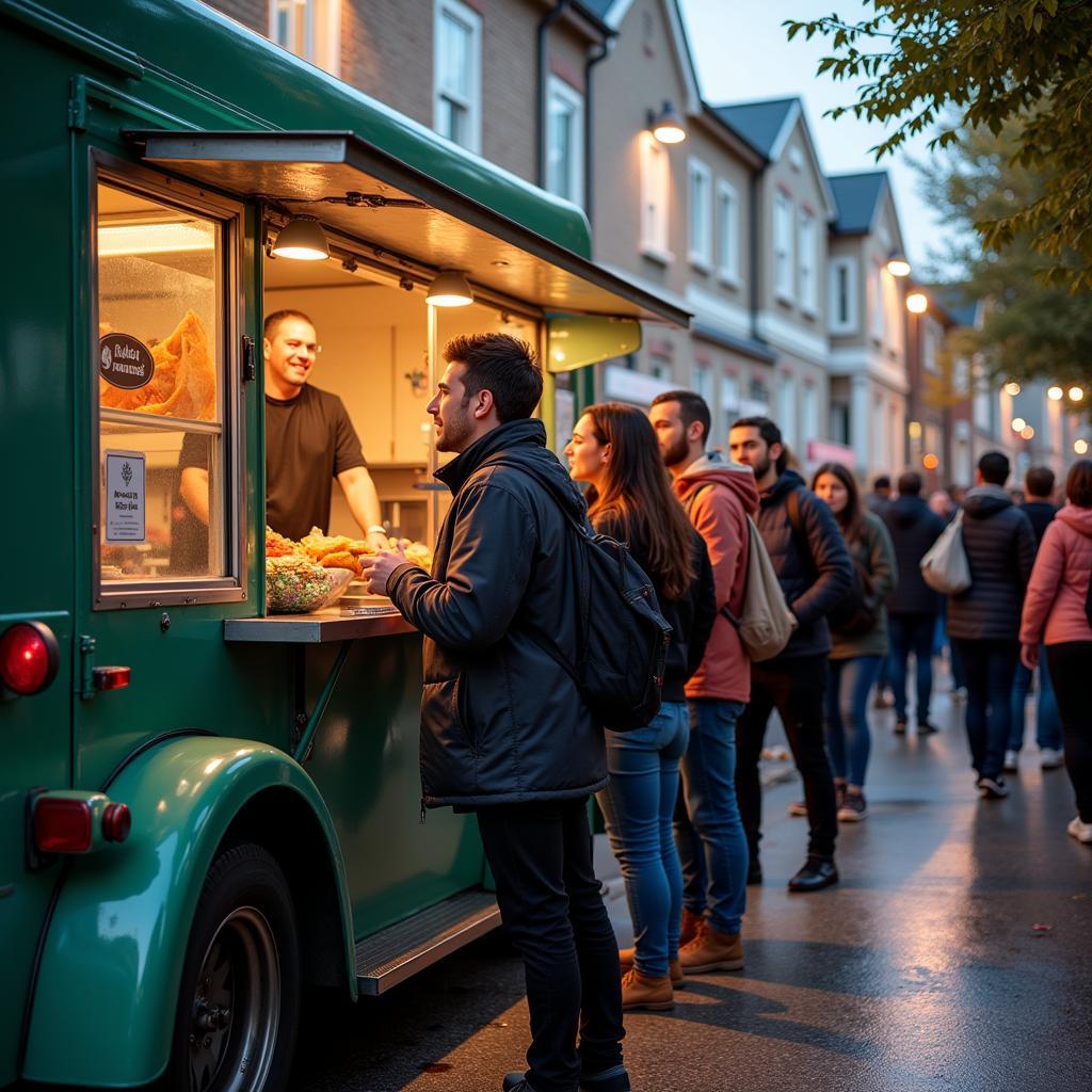 A vibrant food truck with a line of hungry customers