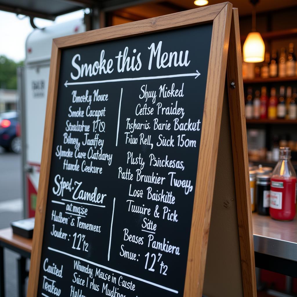 A menu board at a smoke this food truck