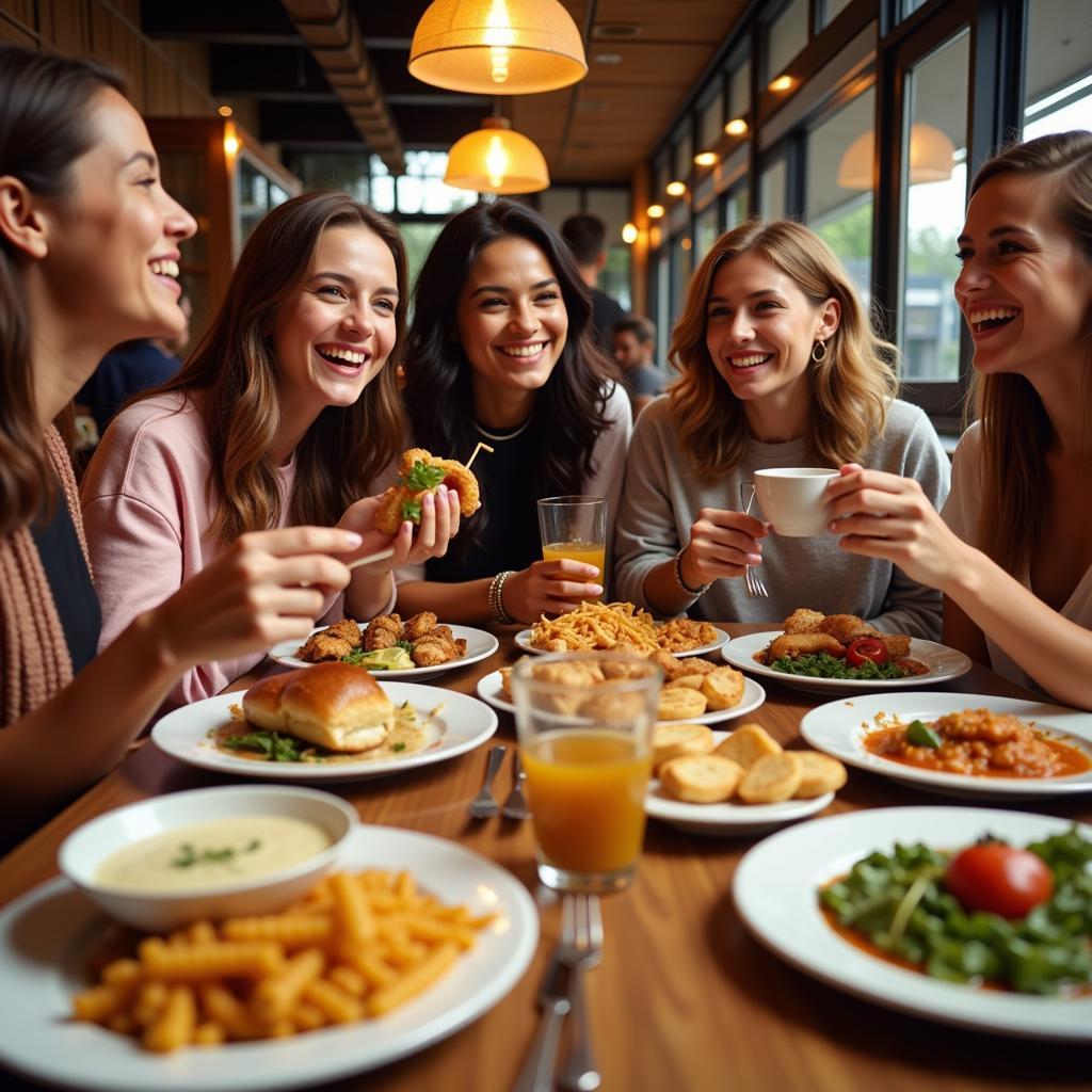 Friends sharing a delicious meal at a restaurant