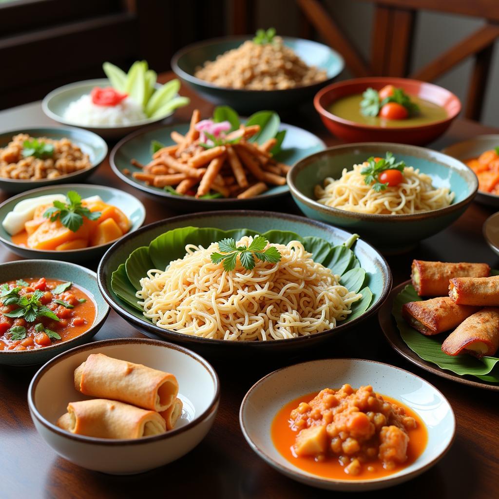 A table setting with a variety of colorful Thai dishes