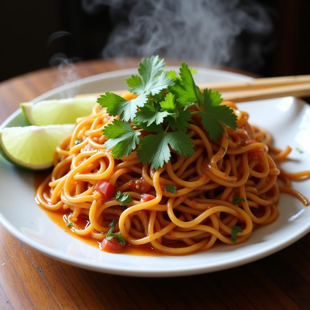 A plate of Pad Thai with chopsticks