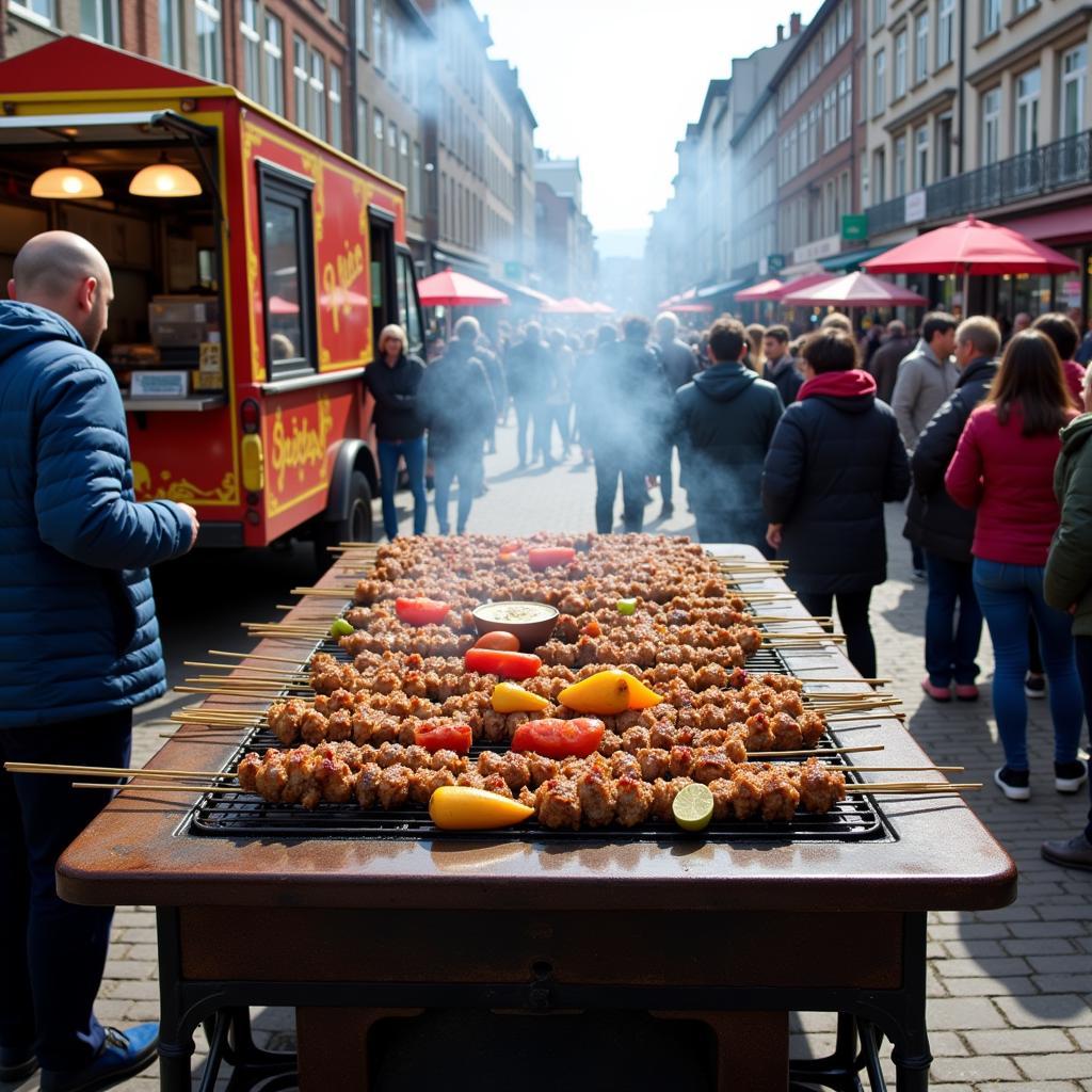 Food truck serving grilled dishes at a bustling street food market