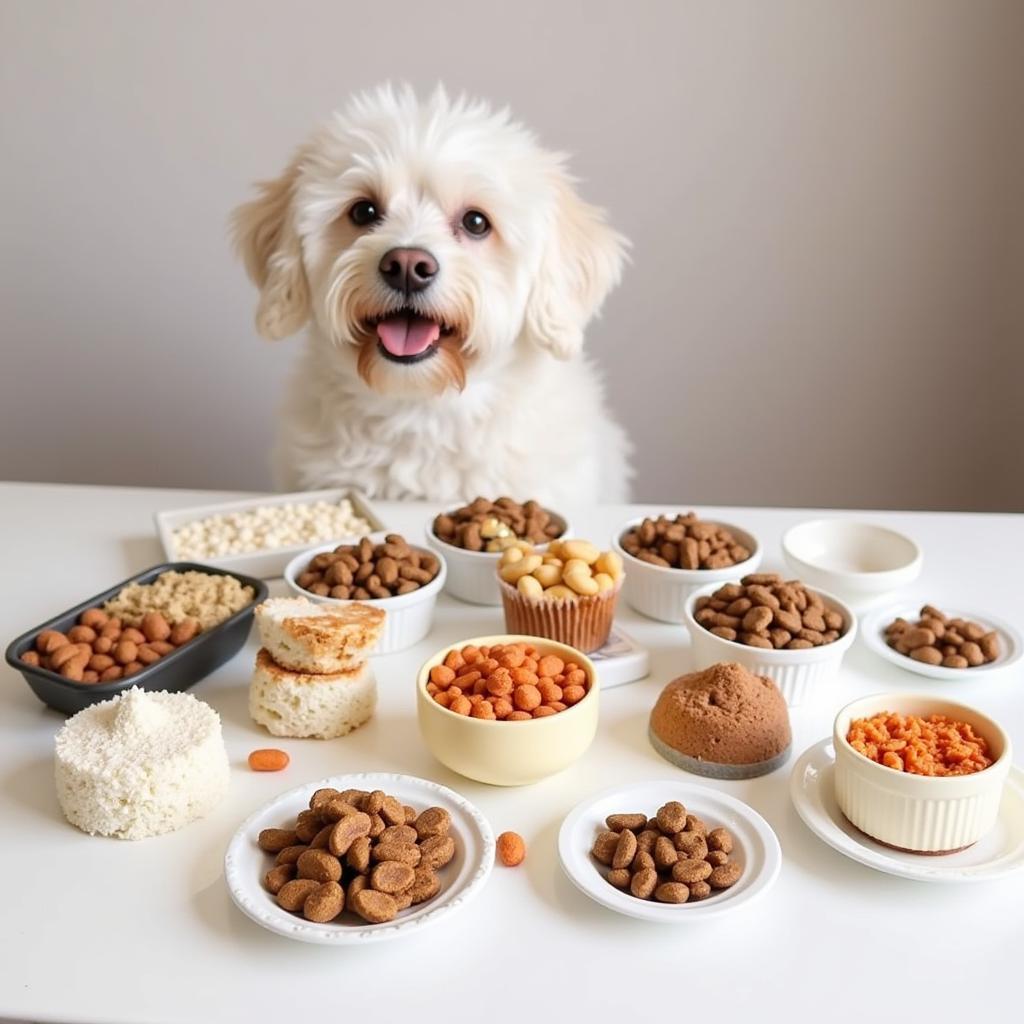 Various dog food toppers on a table with a dog in the background