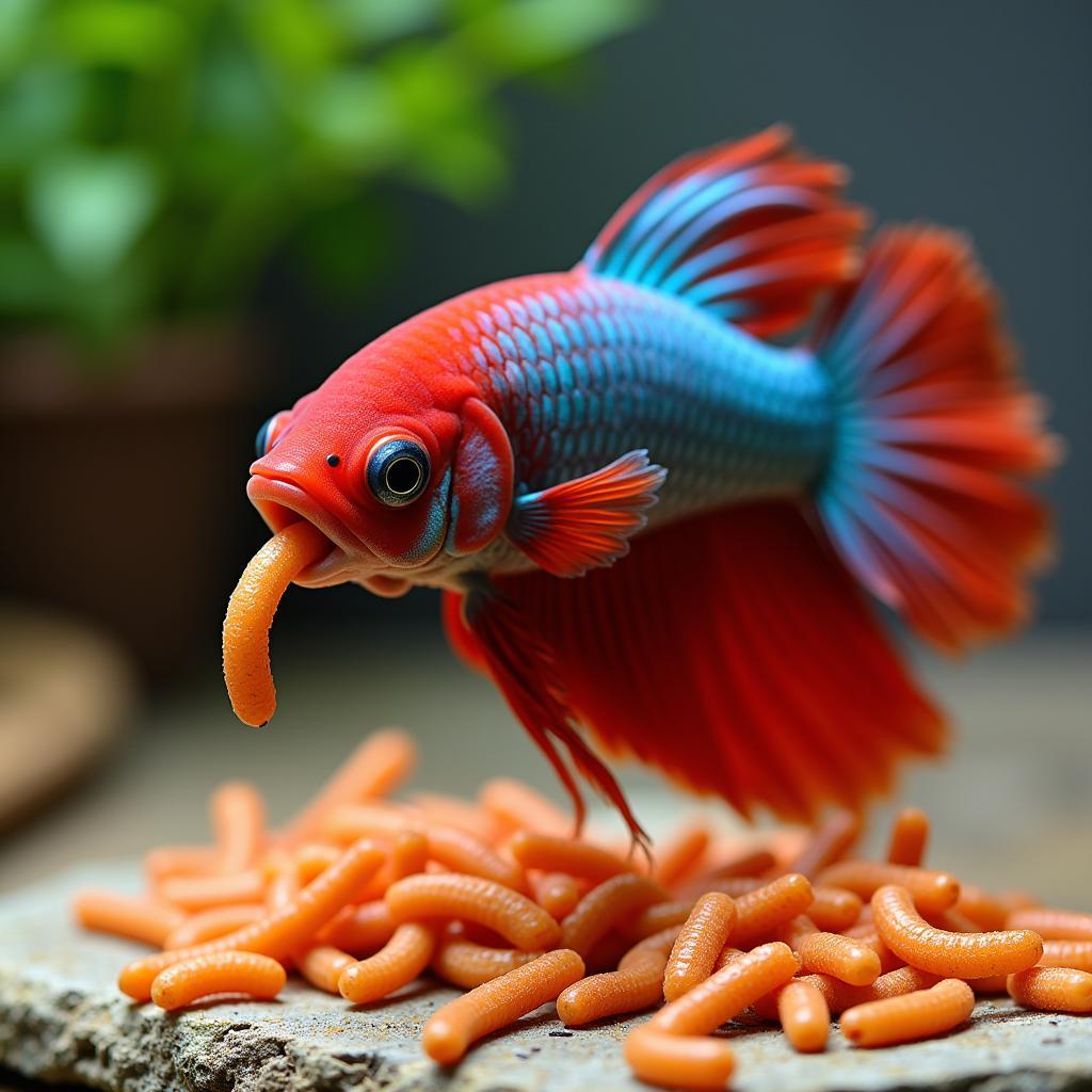 Betta fish enjoying freeze-dried bloodworms