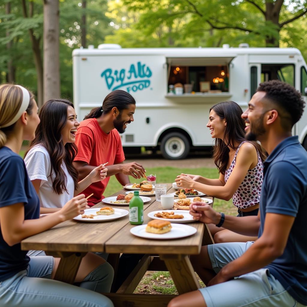 Customers enjoying their food from Big Al's Food Truck at a picnic table.