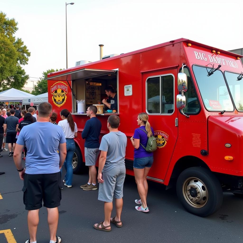 Big Daddy's Loco Food Truck parked at a local event, serving a long line of hungry customers