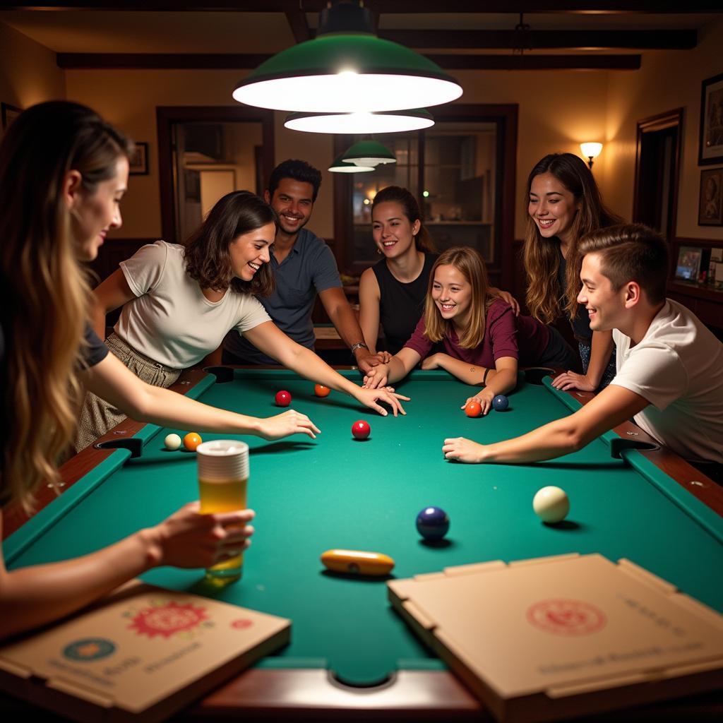 Friends enjoying a billiards themed party with pizza and drinks.