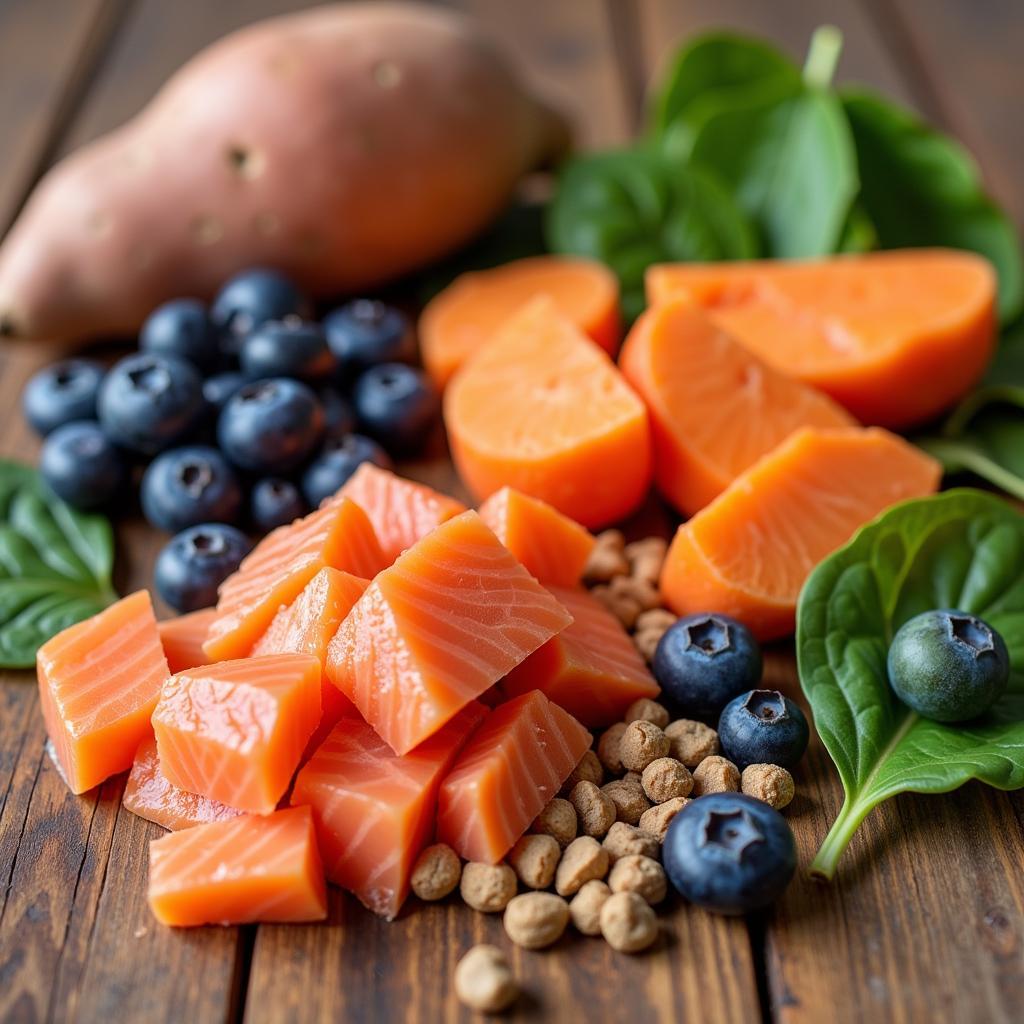 A close-up shot of various fresh ingredients used in Billy & Margot dog food