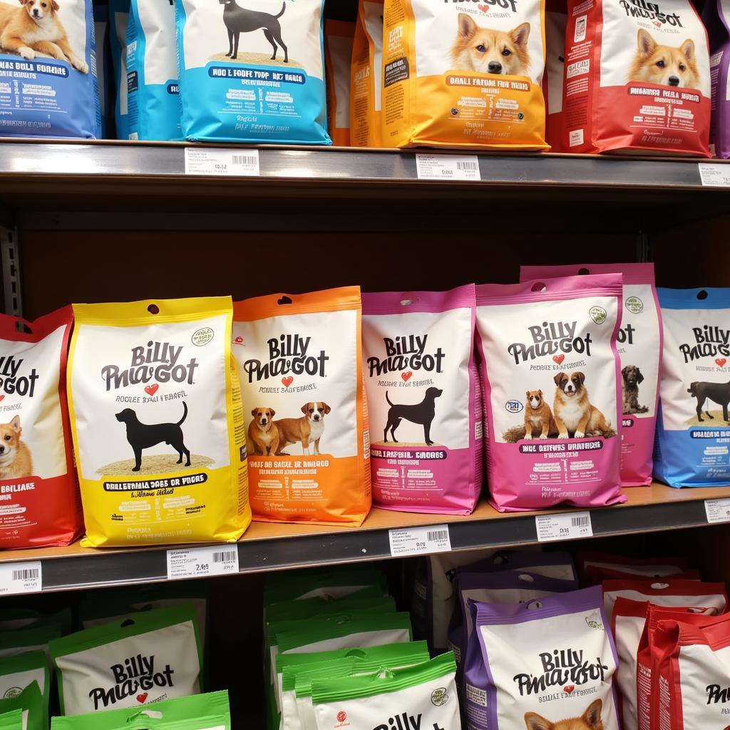 A display of different Billy & Margot dog food bags, highlighting the brand's variety