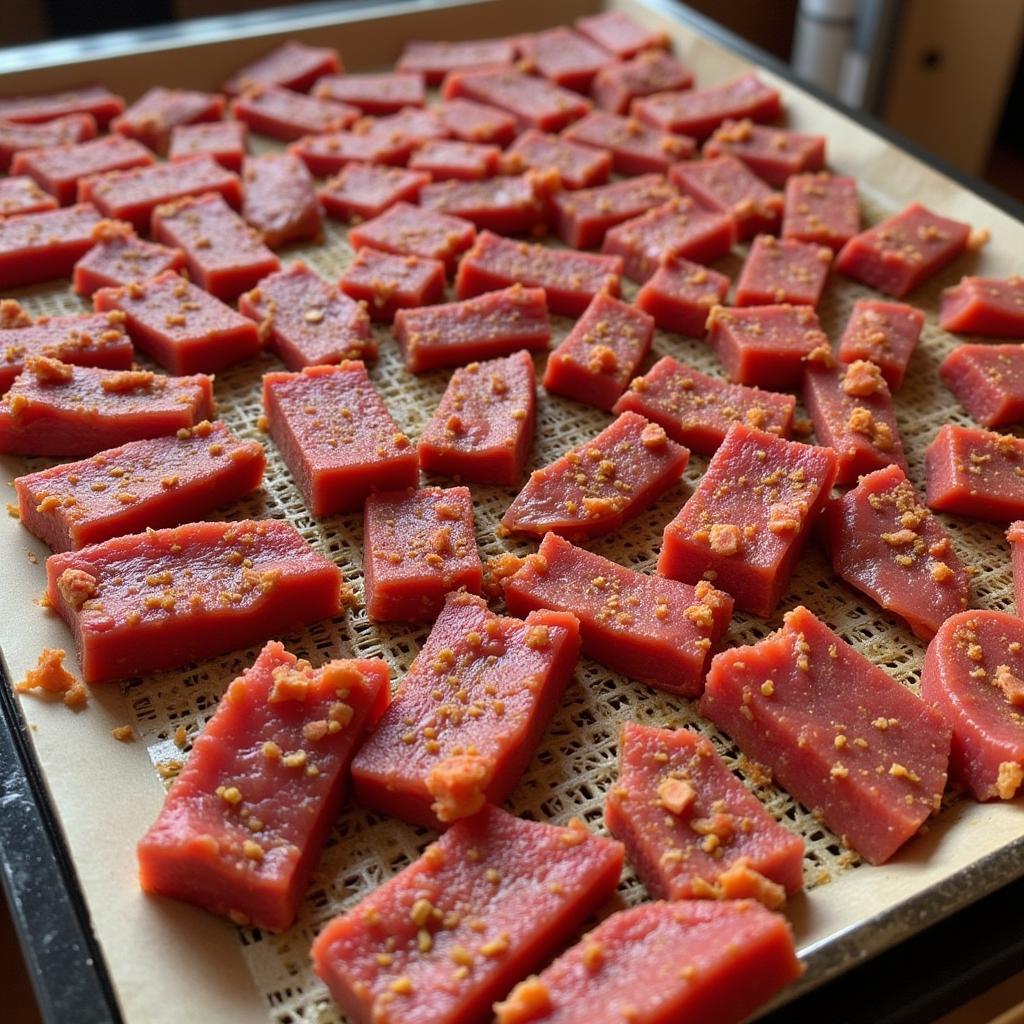 Slices of biltong drying in a food dehydrator