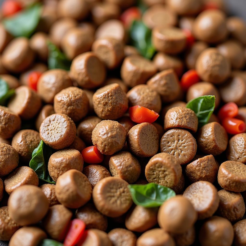 Close-up of bison dog food kibble, showcasing its natural ingredients.