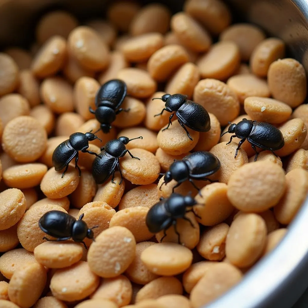 Close-up of black bugs in dog food