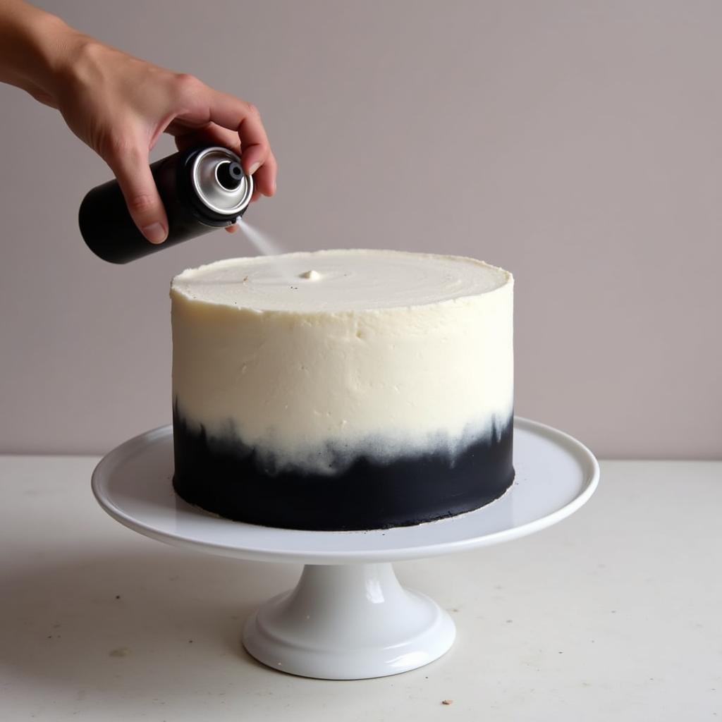 Black food coloring spray being used to create a gradient effect on a cake.