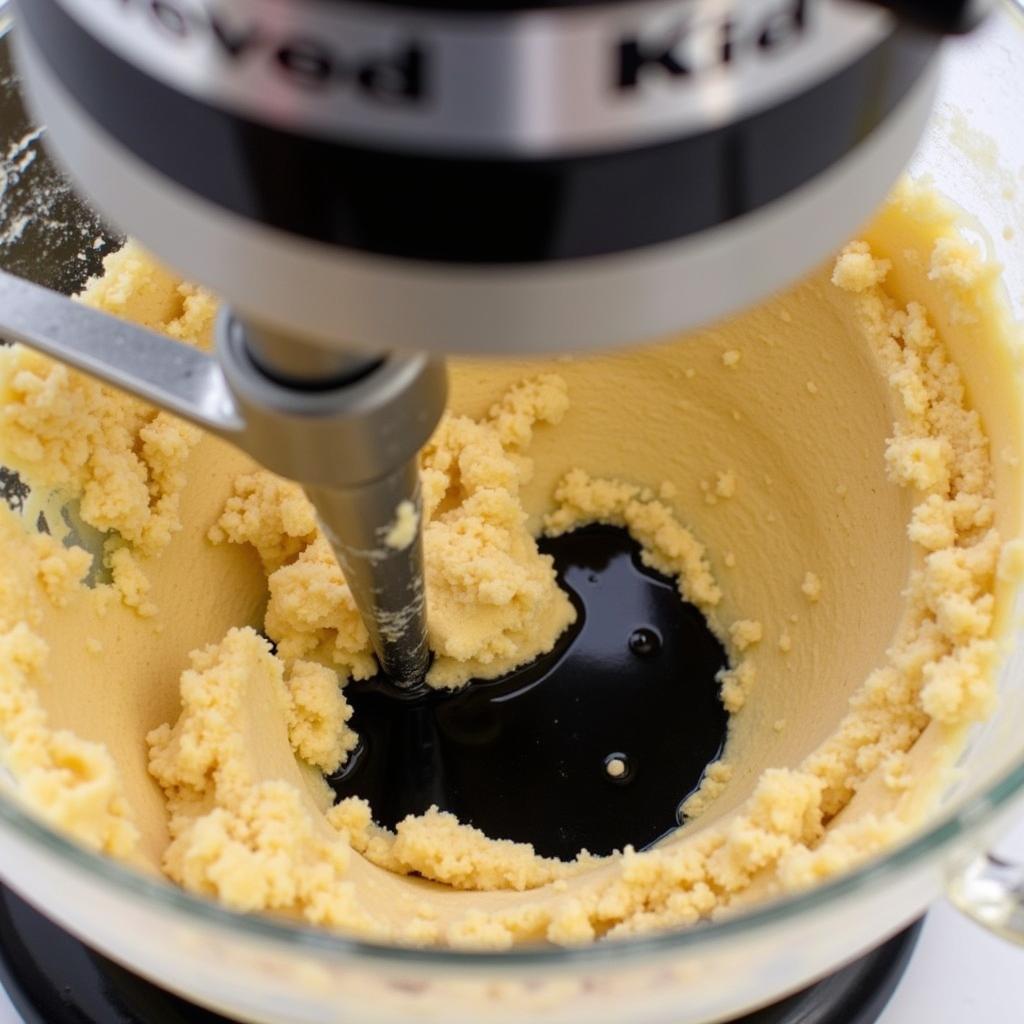 Black food colour gel being mixed into cookie dough