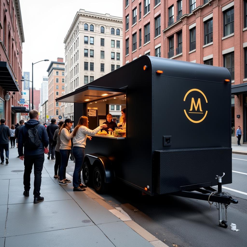 Sleek black food trailer parked on a city street, bustling with customers