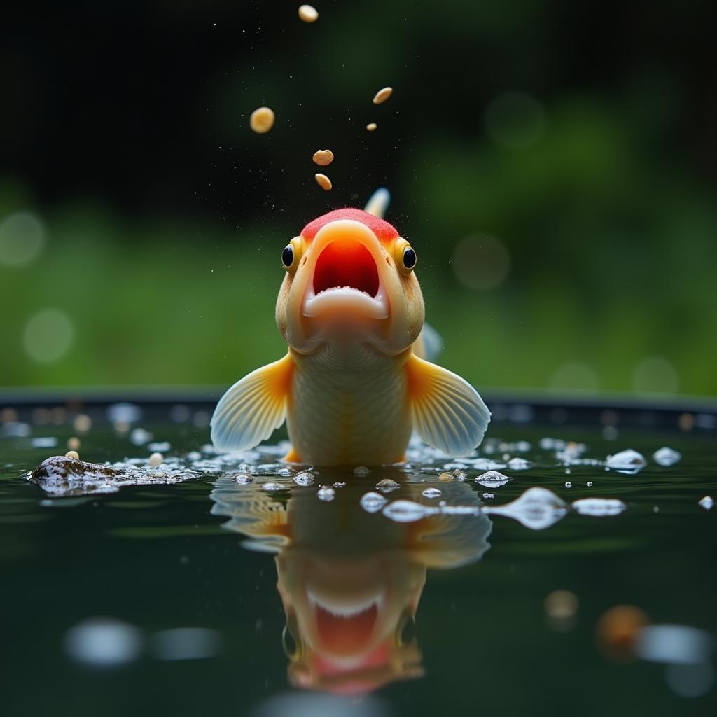 A Black Moor goldfish eagerly consumes food from the water's surface