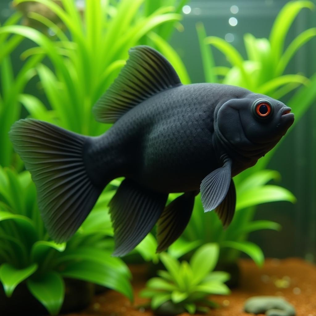 Black Moor goldfish gracefully swimming in a well-planted aquarium