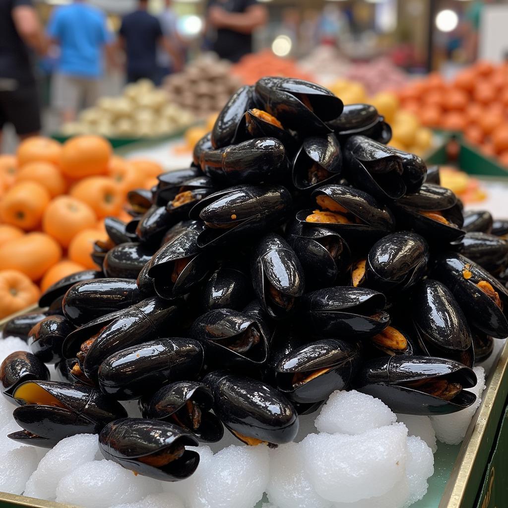 Fresh Black Mussels at a Local Market