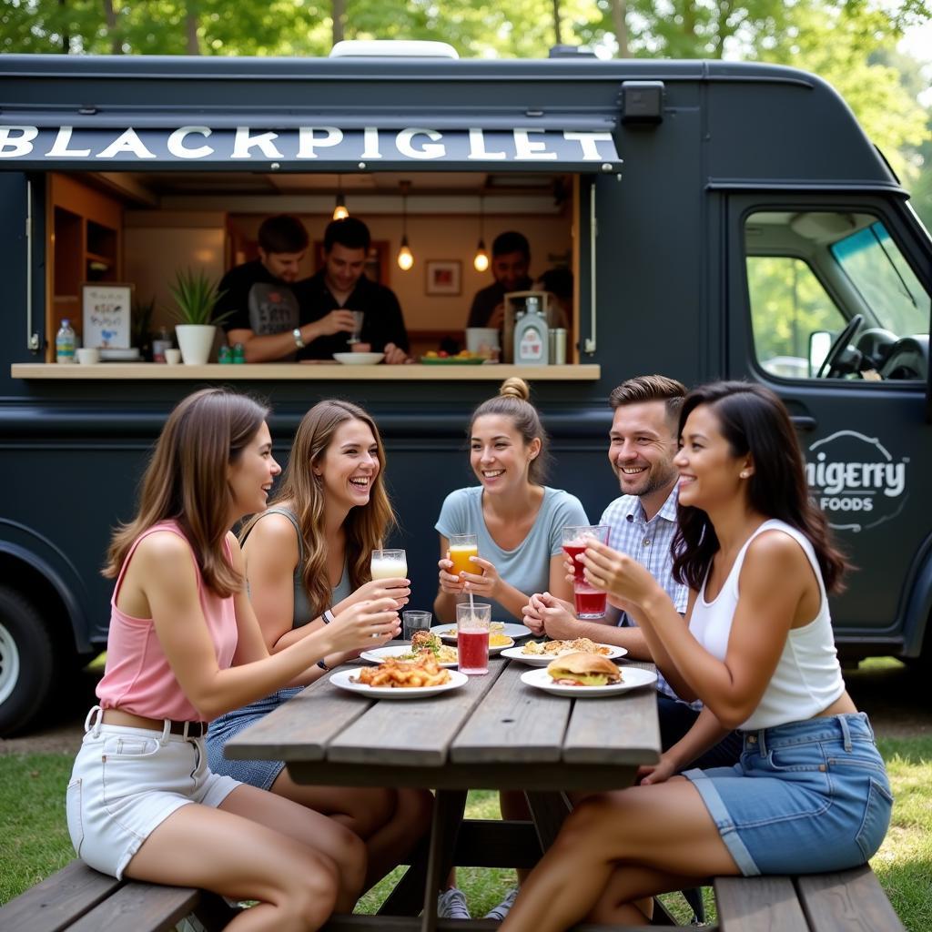 People enjoying food from the Black Piglet Food Truck