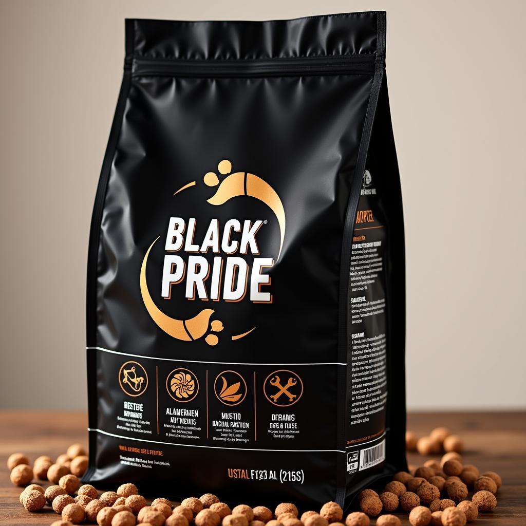 Black pride dog food bag filled with kibble