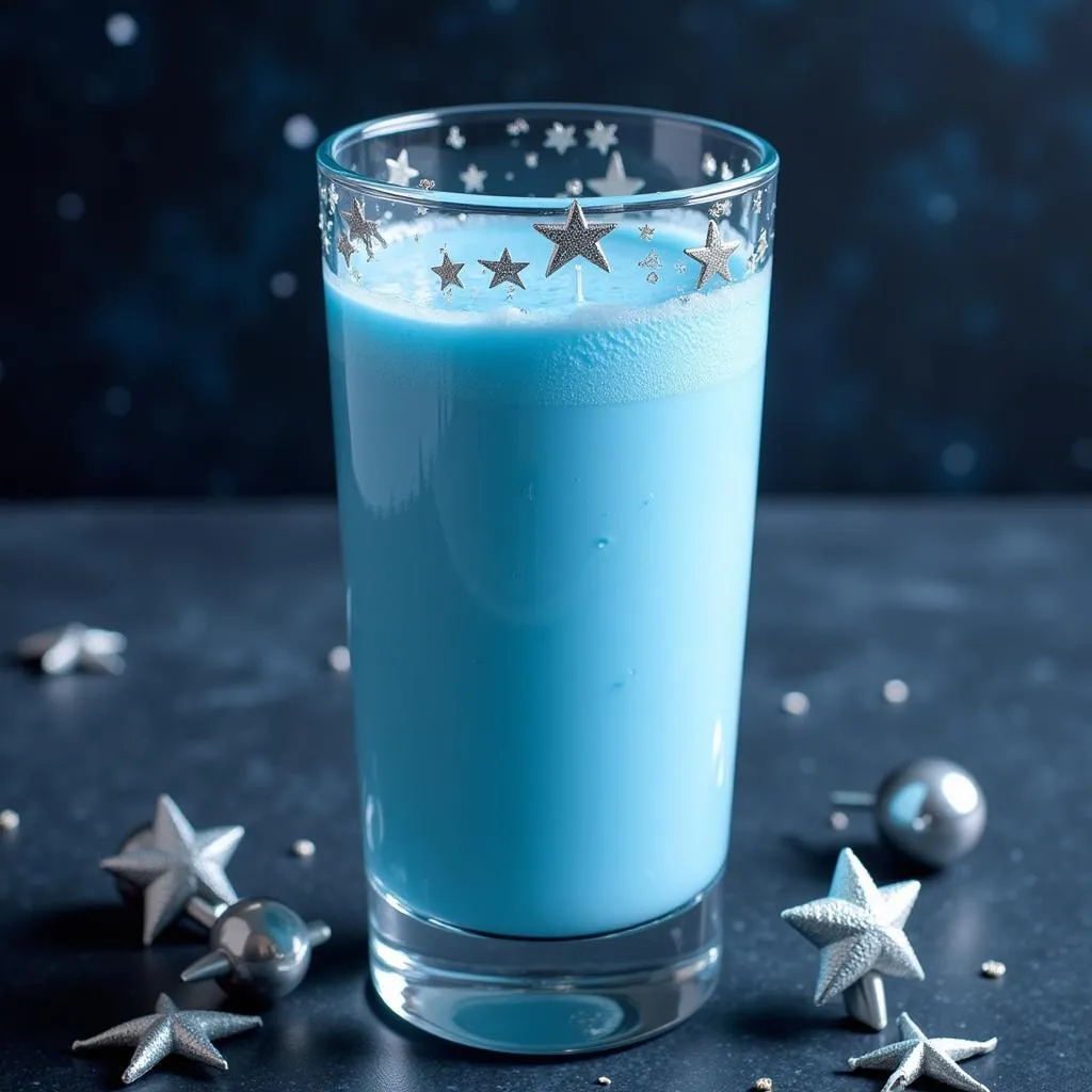 Blue milk in a glass with edible silver stars.