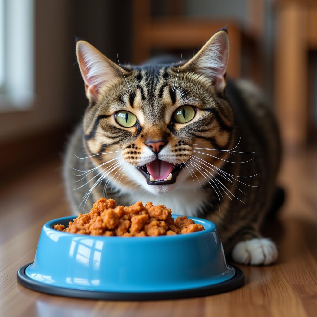 A Tabby Cat Enjoying Blue Wilderness Denali Dinner