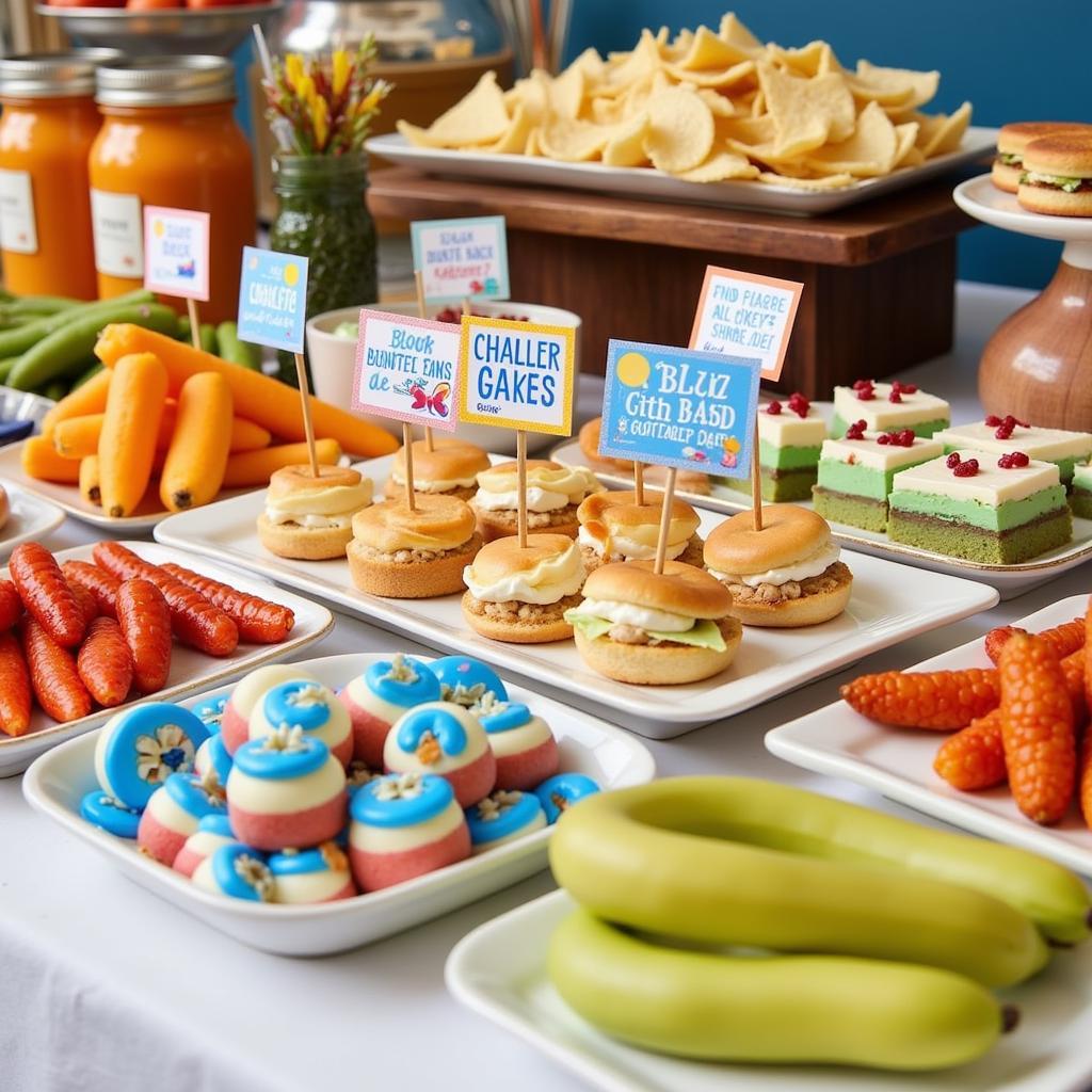 Bluey party food labels displayed on a table full of snacks