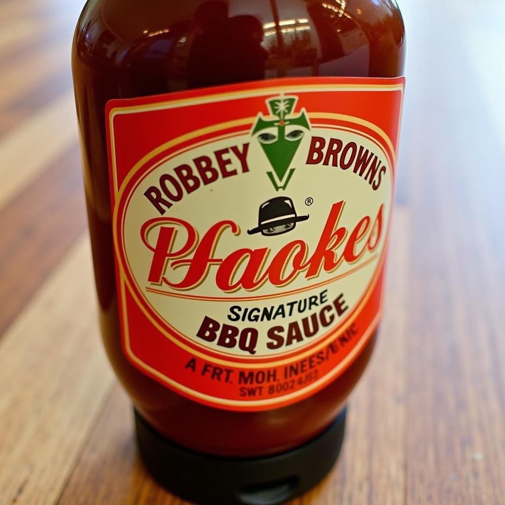 Close-up of Bobby Brown's signature BBQ sauce bottle