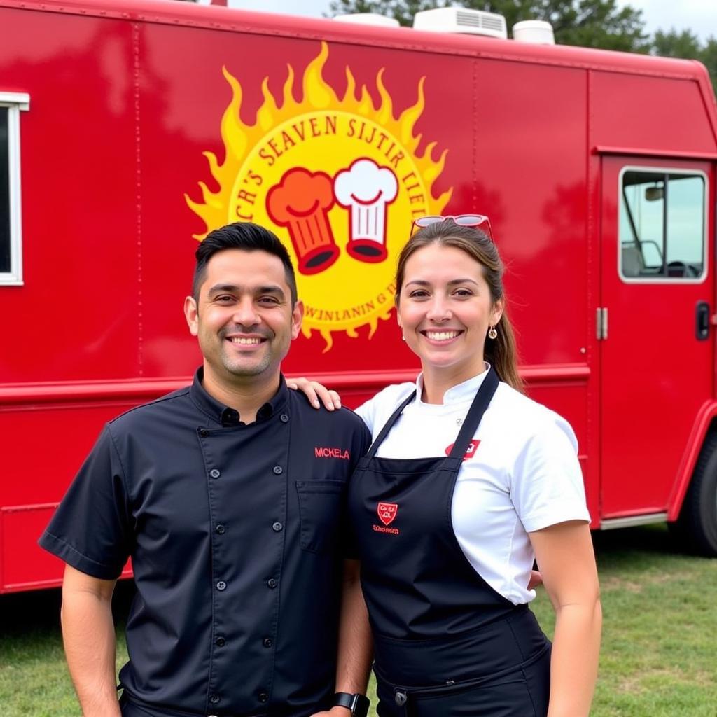 Two chefs smiling in front of their food truck