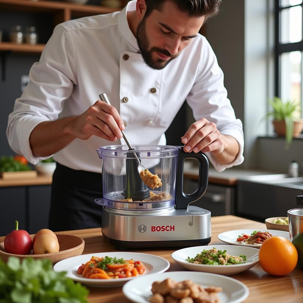 Chef using a Bosch food processor to make a delicious meal