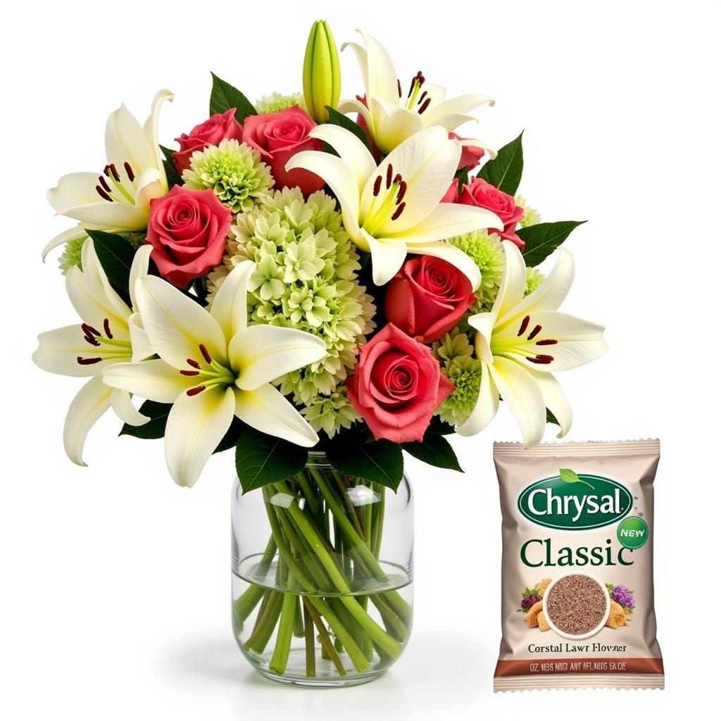 A vibrant bouquet of flowers in a vase, with a packet of Chrysal classic cut flower food beside it.