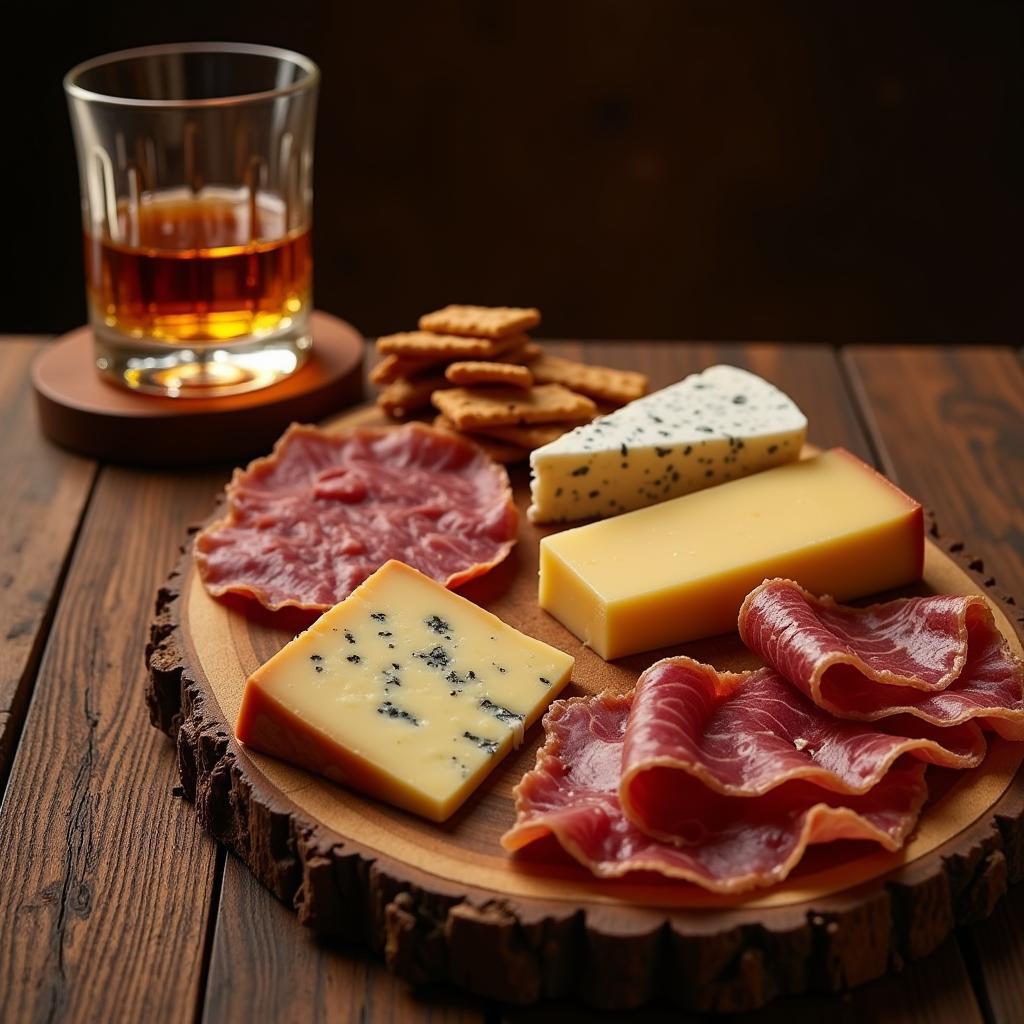 Bourbon and Food Pairing on a Wooden Table