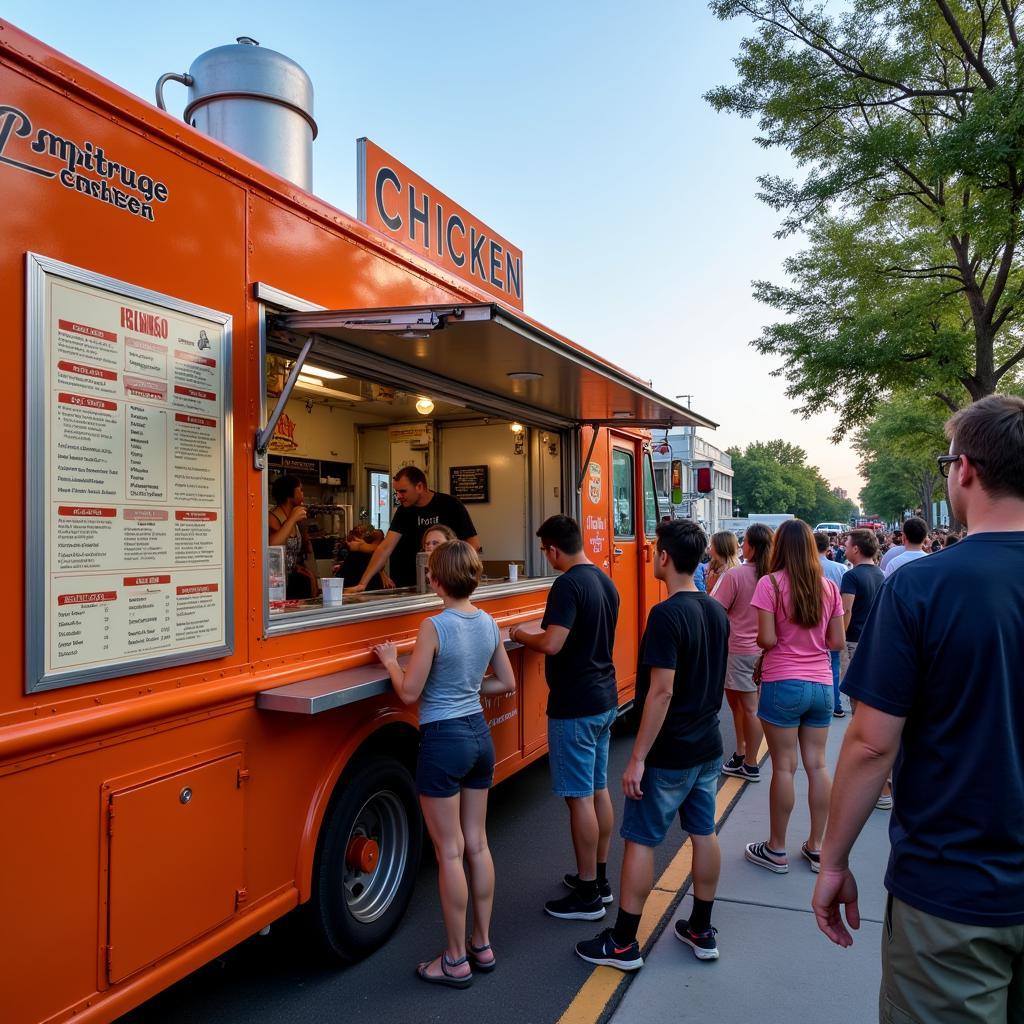 A bustling bourbon chicken food truck serving a line of eager customers