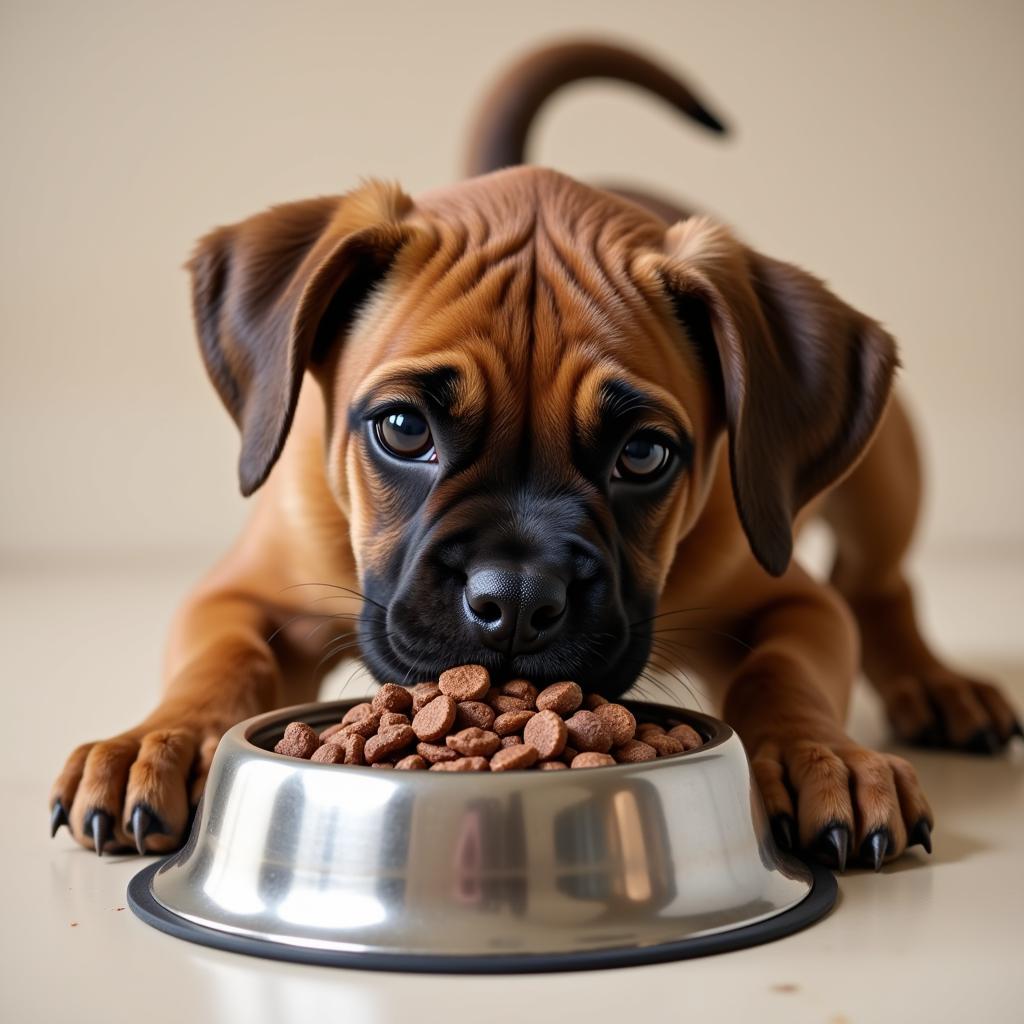 Playful Boxer Puppy Enjoying a Meal