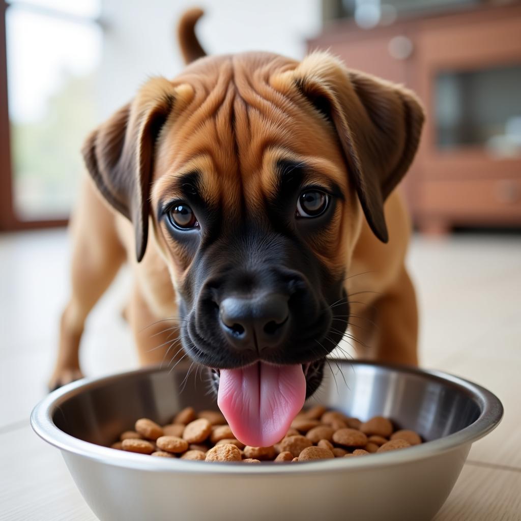 Boxer puppy eating from a bowl