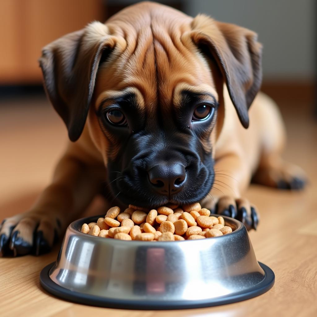 Boxer puppy enjoying a bowl of kibble