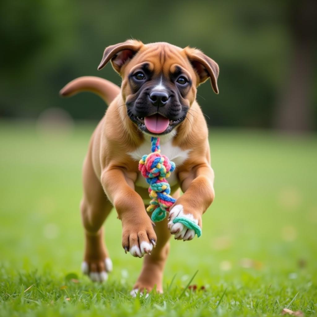 Playful boxer puppy with a chew toy