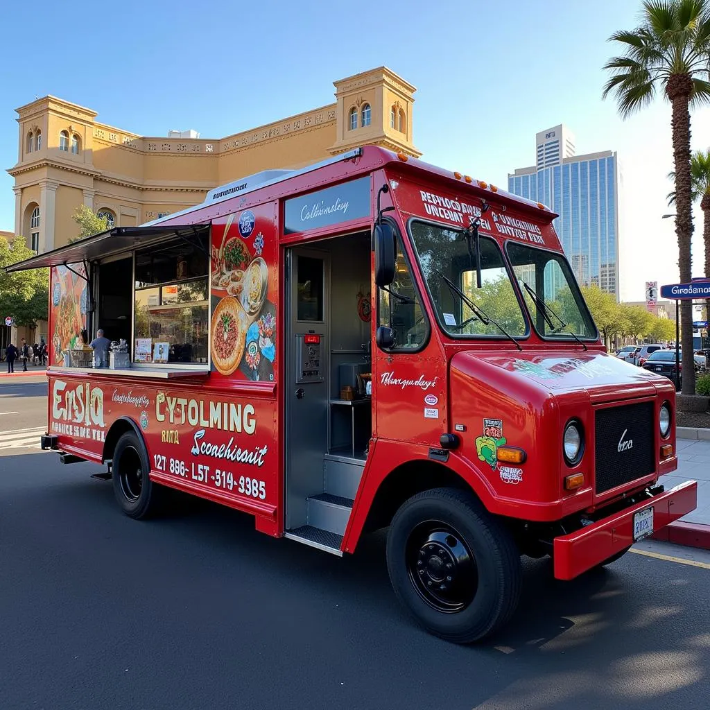 A brightly branded food truck parked on the bustling streets of Las Vegas