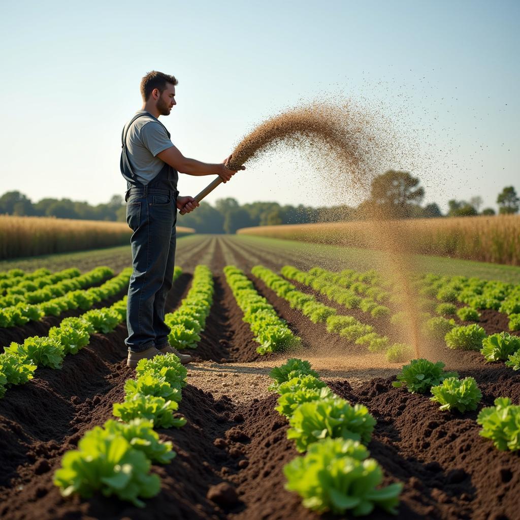 A farmer scattering brassica blend seeds in a food plot.