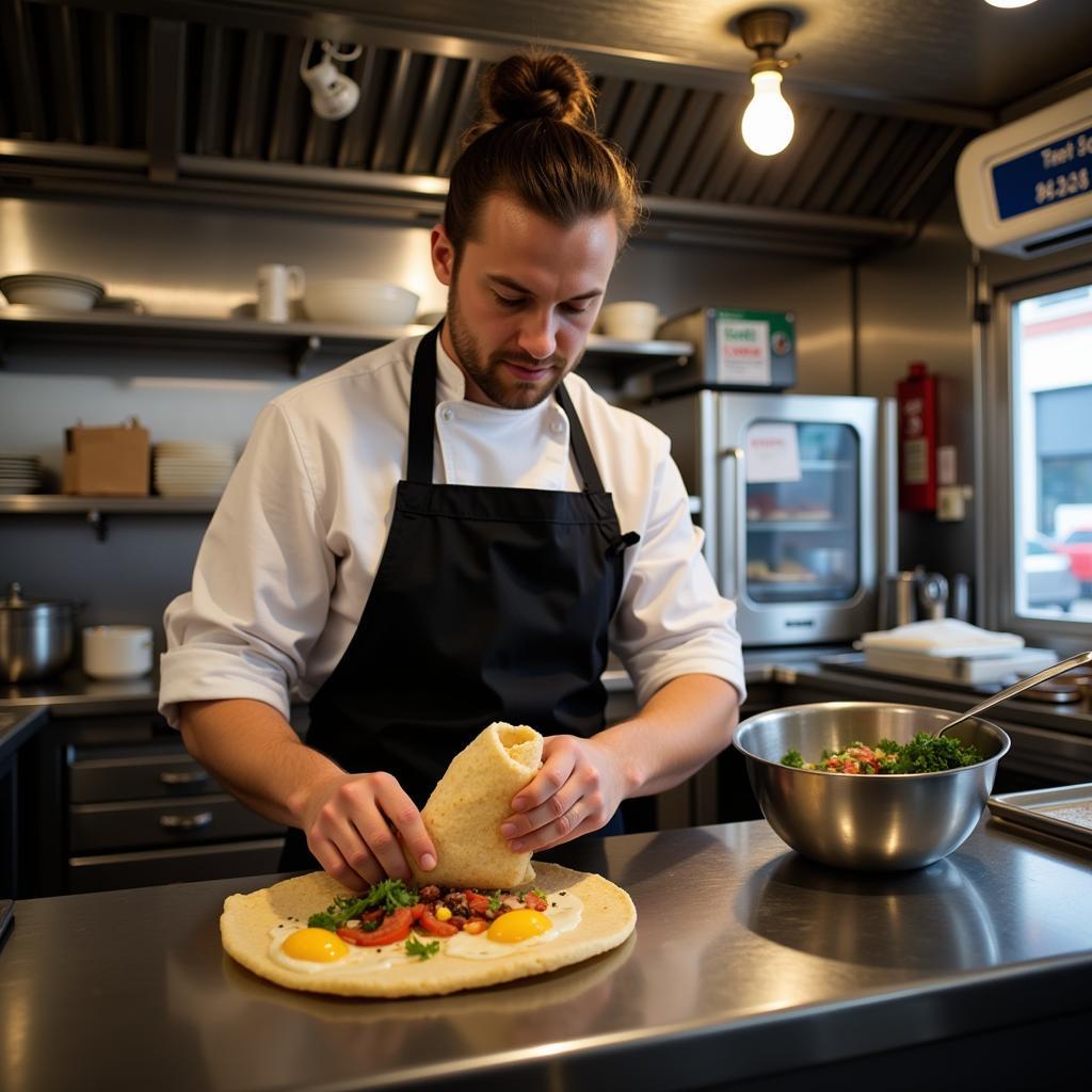 Chef Preparing a Breakfast Burrito in a Food Truck