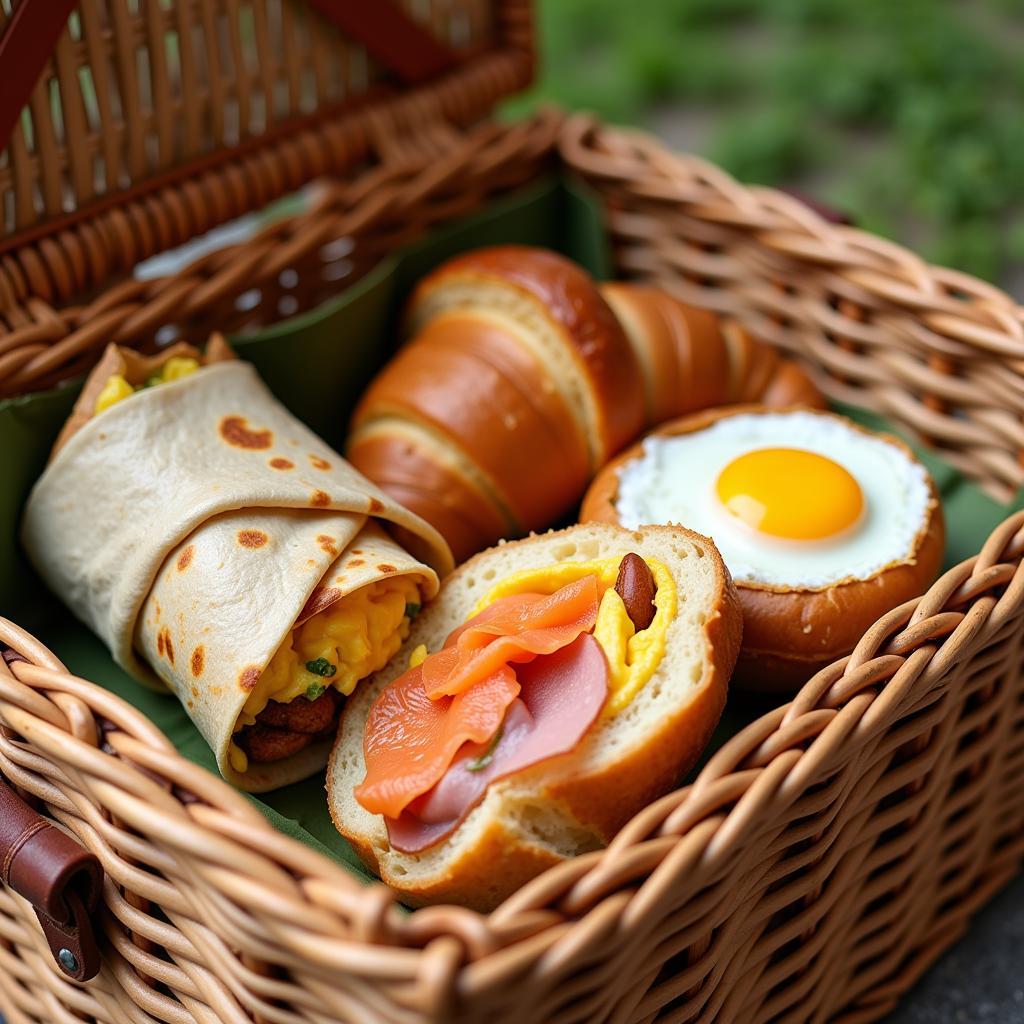 Assortment of breakfast sandwiches and wraps arranged in a picnic basket.