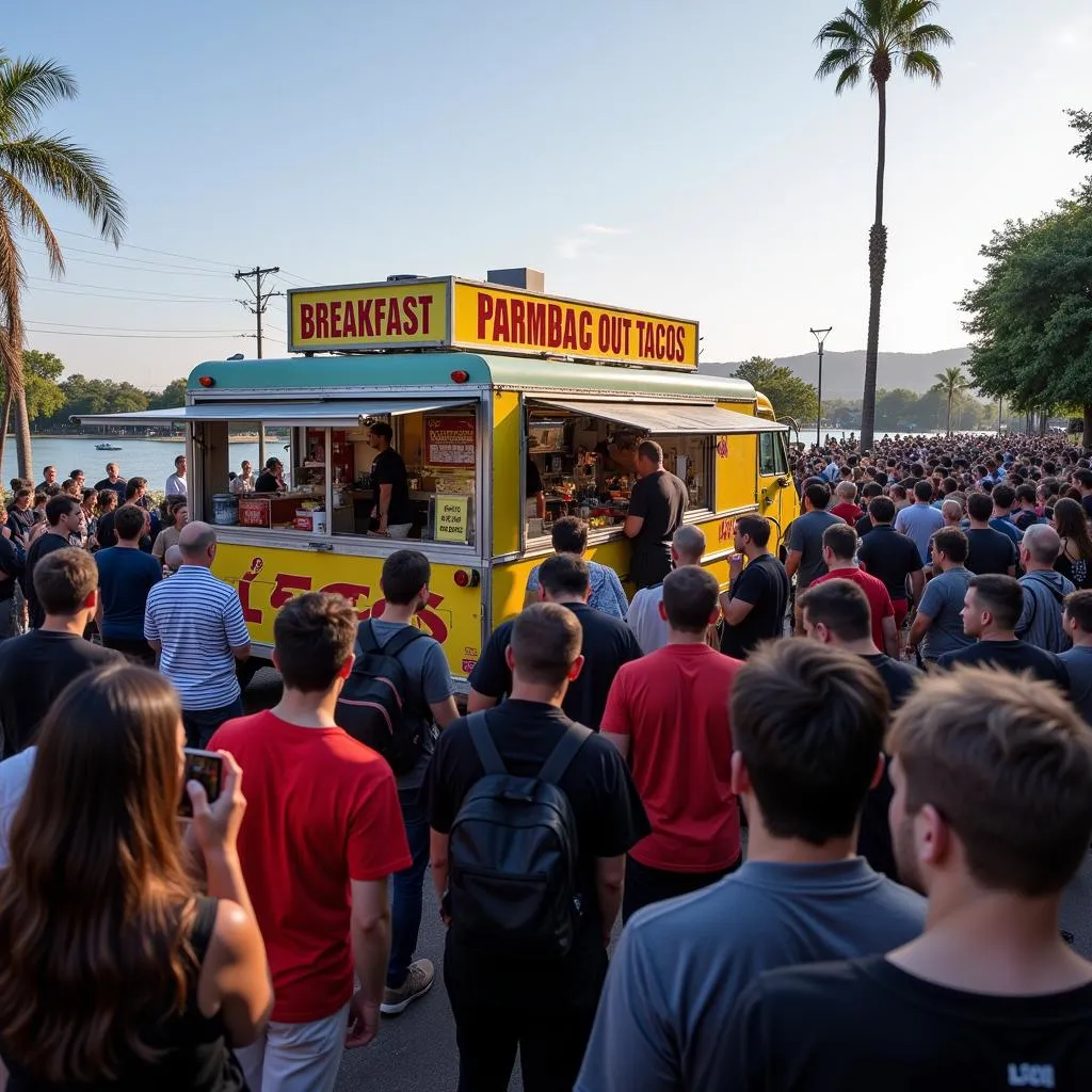 Long line of people waiting to order at a breakfast taco food truck