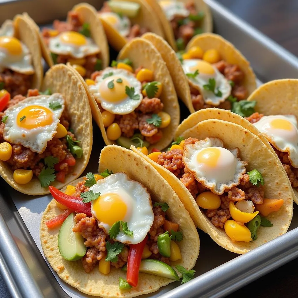 A colorful assortment of breakfast tacos with different fillings.