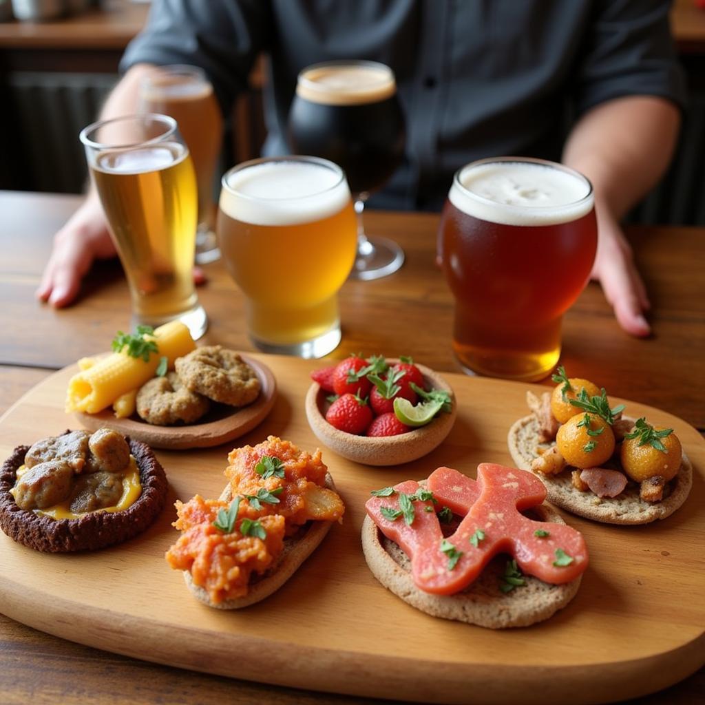 A flight of craft beers paired with delicious food.