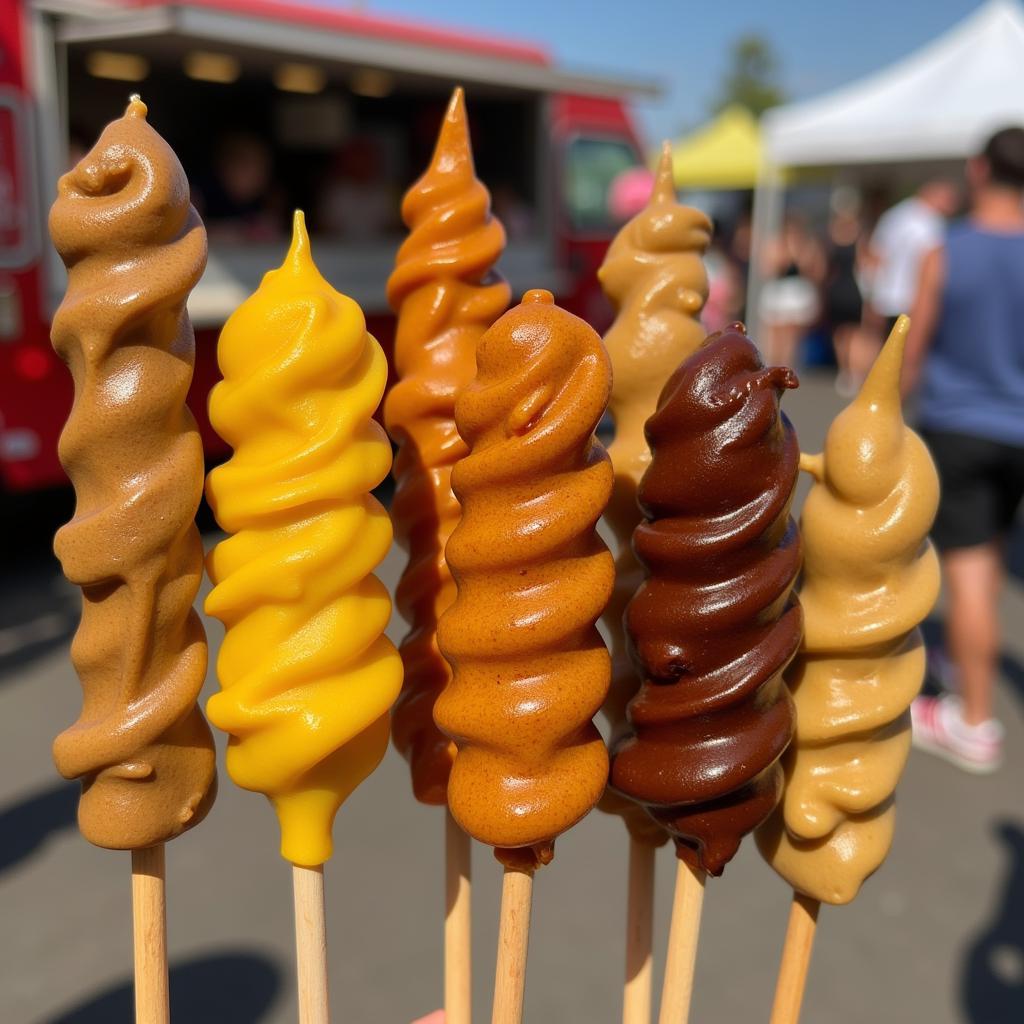 Food truck display of various flavors of brown mustard on a stick