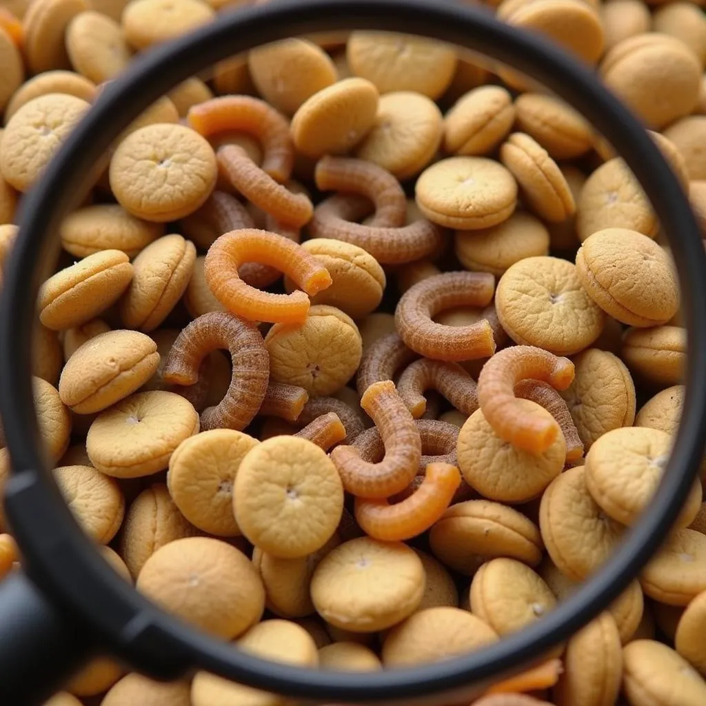 Close-up image of brown worms in dog food