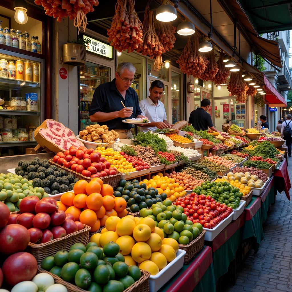 A bustling Buenos Aires food market filled with vendors and fresh produce